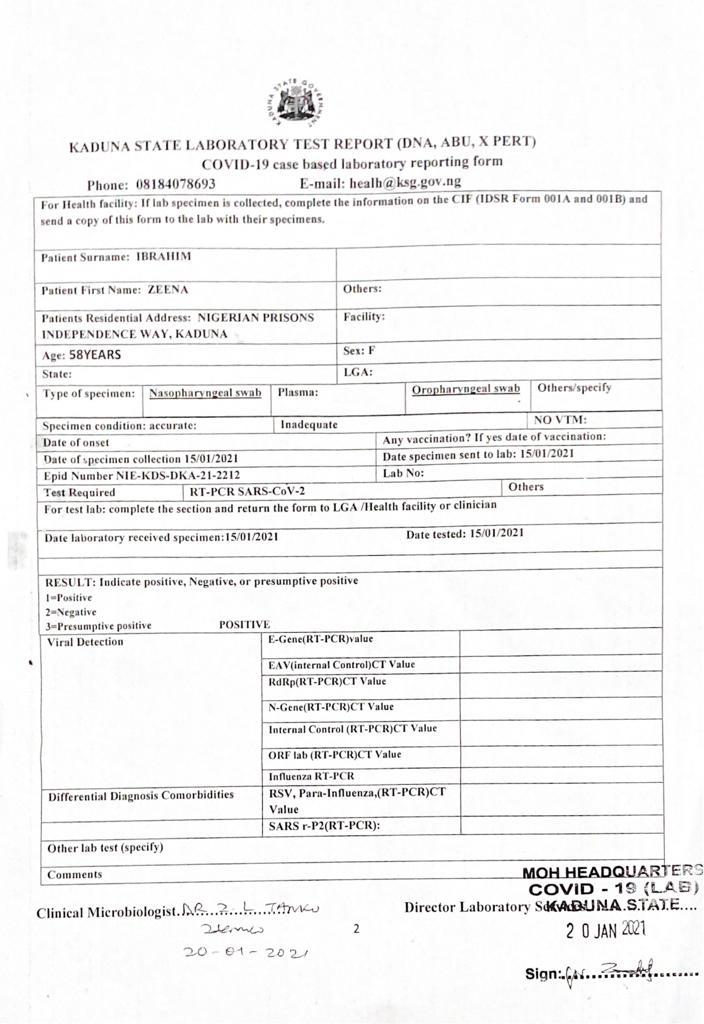 Sh4Zk's tweet photo. Kaduna State Laboratory Test Report(DNA ,ABU X PERT)
Medical Reports Shows Zakzaky's Wife  Contracted COVID-19

@channelstv @MobilePunch @SaharaReporters @AishaYesufu @ChidiOdinkalu @_ICRP_ @BBSN_ng @daily_trust @TheNationNews @PremiumTimesng @MIZakzaky @ShehuSani @NGRPresident https://t.co/cNp7HOT0kZ