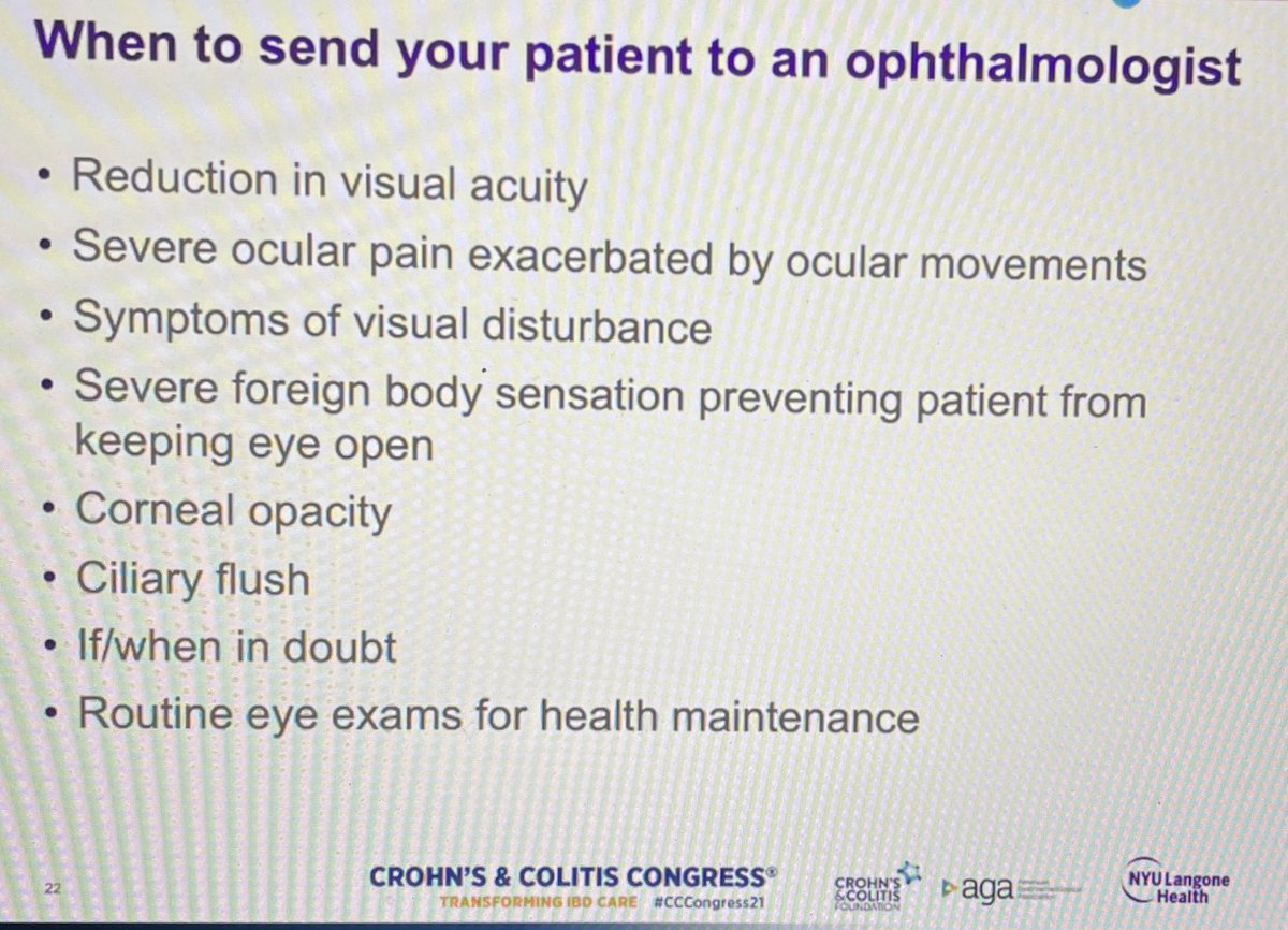 This is a fantastic set of slides of the most common primary ocular EIMs in #IBD! Diagnosis, Treatment, and when to 📞 the Opthalmologist! 👁 🔥 #CCCongress21 #IBDAtoZ @SophieBalzoraMD