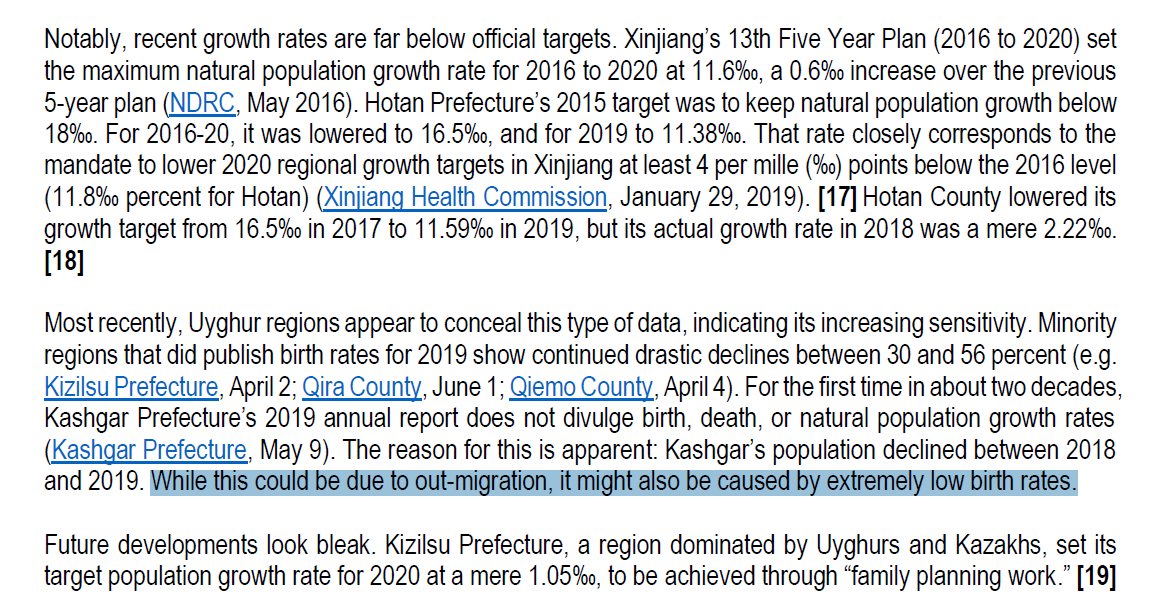 S1.3.4: Further, it's noted that "growth rates are far below official targets". If CPC is trying to eliminate a population, why would it set a growth target? The report actually gives a plausible alternative explanation for the trends; "this could be due to out-migration".