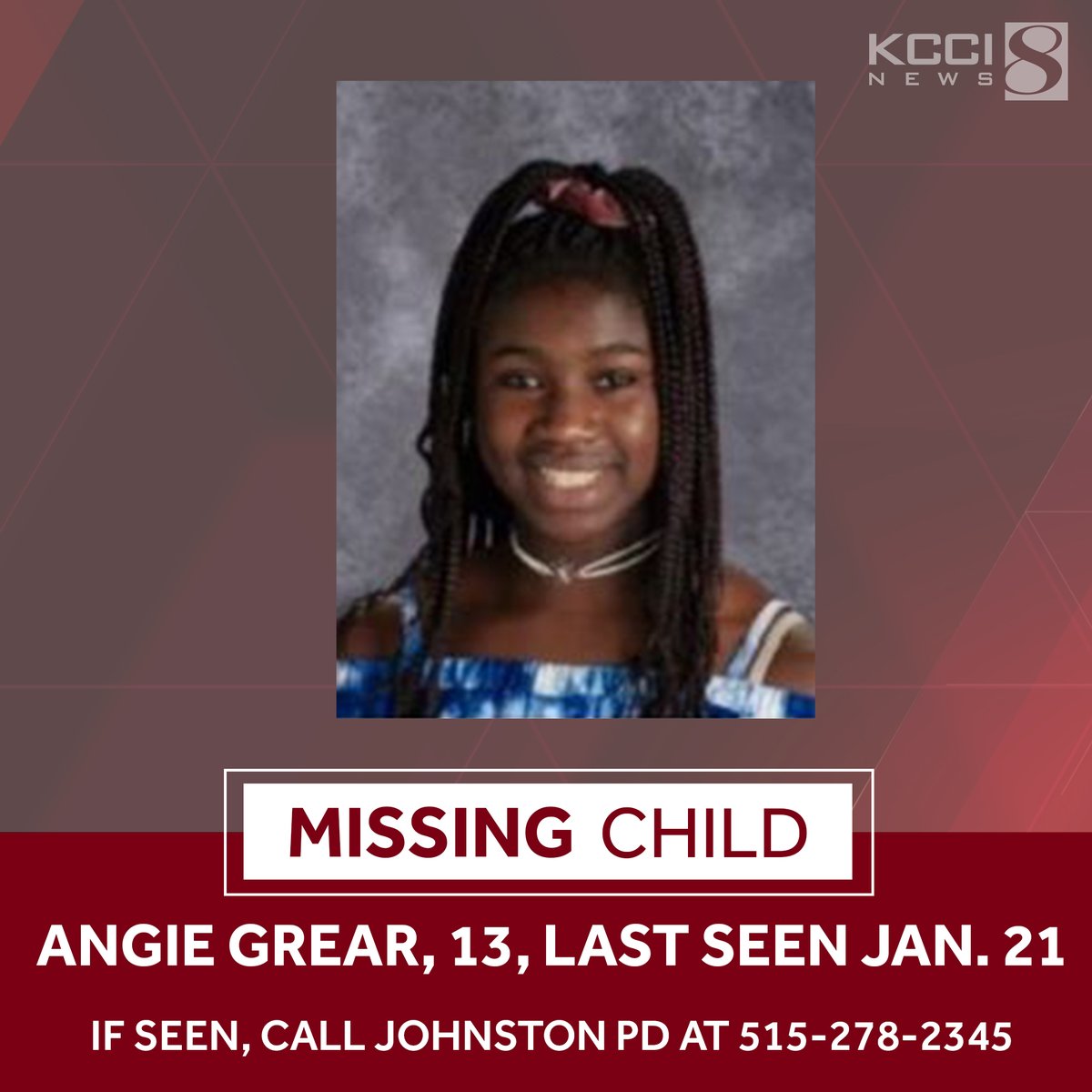 KCCINews's tweet image. PLEASE SHARE -- The Johnston Police Department needs your help locating 13-year-old Angie Grear. Details here: bit.ly/3c6gX8x