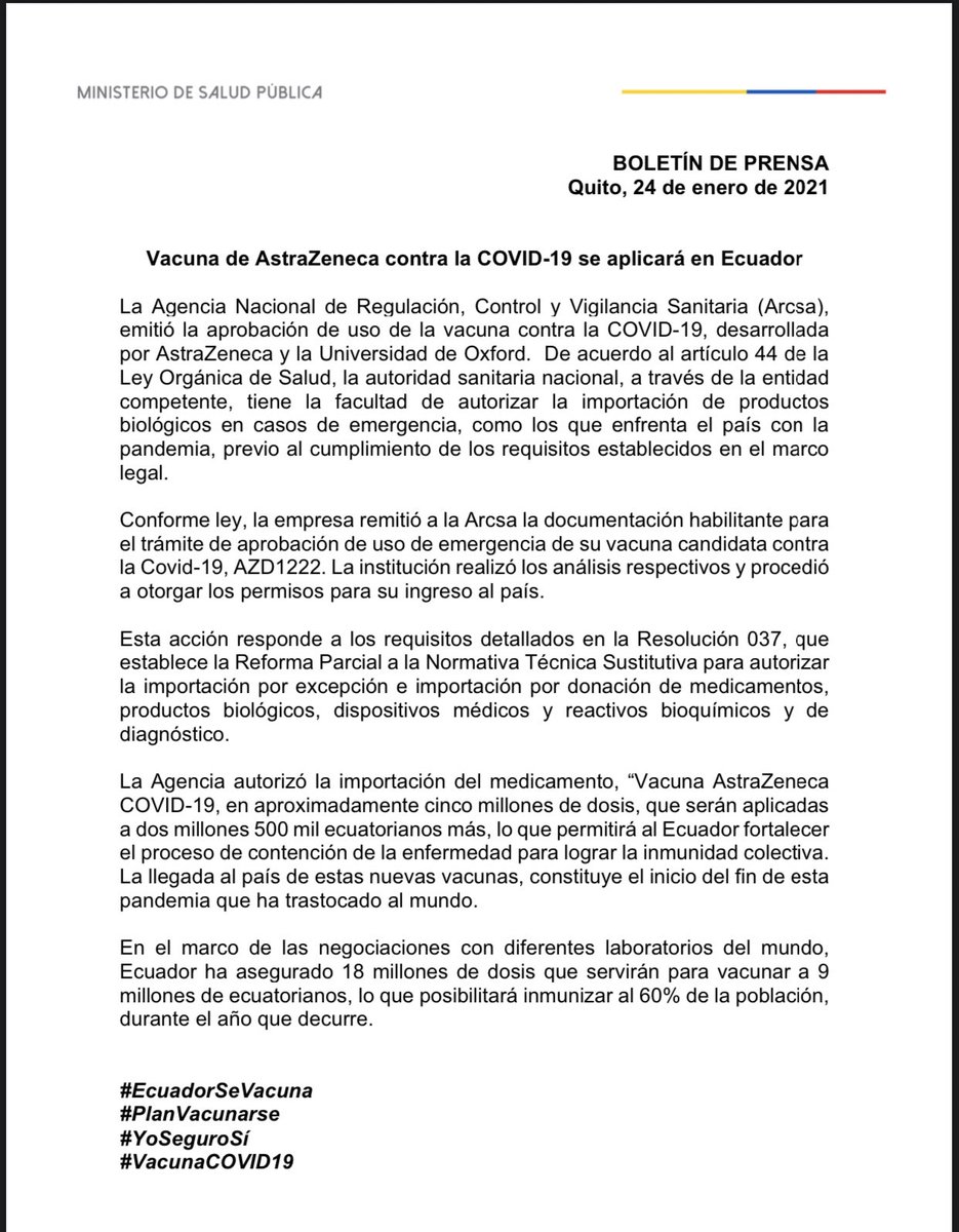 anniecanizares's tweet photo. 🛑 Ecuador autoriza el uso de la vacuna de AstraZeneca/Oxford contra el covid-19. La @Arcsa_Ec emitió la aprobación de uso de emergencia y su importación al país por aproximadamente 5 millones de dosis conforme requerimientos establecidos en la ley. Así lo informó el gobierno. ⤵️ https://t.co/FUEPtYuc1x
