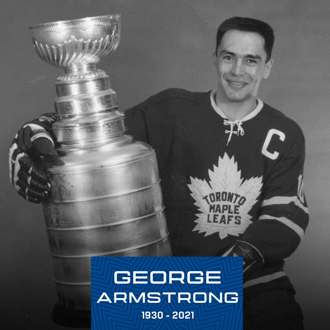 The @leafsalumni are saddened to learn of George Armstrong’s passing earlier today. George spent his entire NHL career with the @mapleleafs, served as captain for 12-seasons and won four Stanley Cups before being inducted into the <a href="/HockeyHallFame/">Hockey Hall of Fame</a> in 1975. #TMLA #LeafsForever