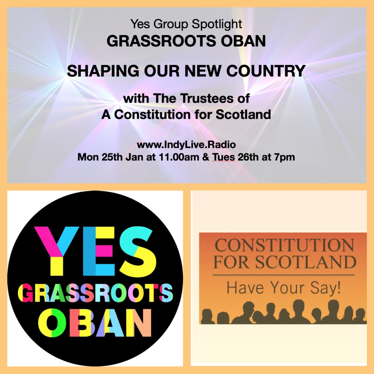 IndyLiveRadio's tweet image. This week's Yes Group Spotlight features Constitution for Scotland @ConstituteScot and @GrassrootsOban The event is titled "Shaping Our New Country"

Tune into IndyLive.radio on Mon 25th Jan at 11am and Tue 26th Jan at 7pm