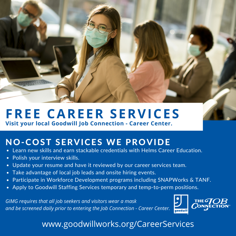GoodwillWorks's tweet image. Make a plan to visit your local #GoodwillJobConnection this week and take advantage of our many FREE career services. Our locations are open Monday through Friday from 8 a.m. - 5 p.m. Find your nearest center at goodwillworks.org/JobConnection.
#GoodwillWorks #FreeCareerServices