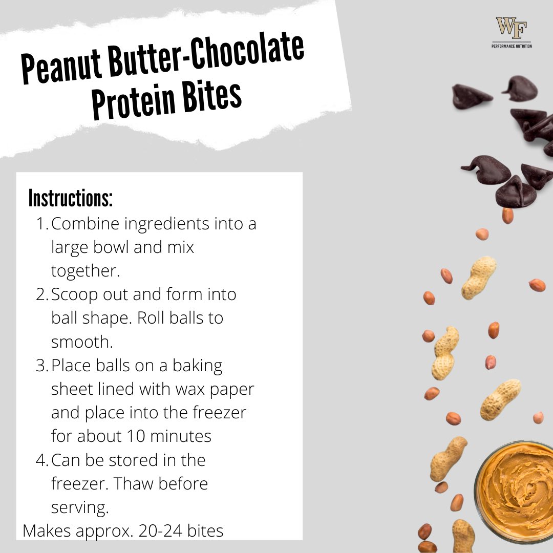 Happy National Peanut Butter Day! 🥜 Get out your peanut butter and make these simple protein bites as your next recovery snack!

#peanutbutter #nationalpeanutbutterday #protein #proteinpacked #sportsnutrition #godeacs #fuelforgreatness #wfu