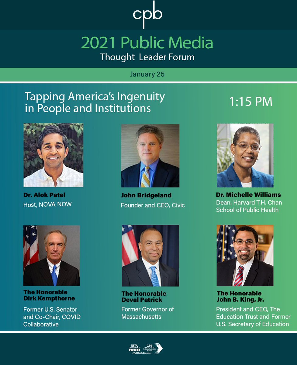 Corporation for Public Broadcasting (@cpbmedia) on Twitter photo Monday: <a href="/novapbs/">NOVA | PBS</a> NOW host <a href="/AlokPatelMD/">Alok Patel</a> will lead a live conversation with <a href="/JohnMBridgeland/">John Bridgeland</a> and leaders <a href="/HarvardChanDean/">Harvard Chan Dean</a> Dirk Kempthorne <a href="/DevalPatrick/">Deval Patrick</a> and <a href="/JohnBKing/">Dr. John B. King, Jr.</a> on #pubmedia's #COVID19 response at the Public Media Thought Leader Forum. #2021NETAConference #PubMediaEducates Monday: <a href="/novapbs/">NOVA | PBS</a> NOW host <a href="/AlokPatelMD/">Alok Patel</a> will lead a live conversation with <a href="/JohnMBridgeland/">John Bridgeland</a> and leaders <a href="/HarvardChanDean/">Harvard Chan Dean</a> Dirk Kempthorne <a href="/DevalPatrick/">Deval Patrick</a> and <a href="/JohnBKing/">Dr. John B. King, Jr.</a> on #pubmedia's #COVID19 response at the Public Media Thought Leader Forum. #2021NETAConference #PubMediaEducates
