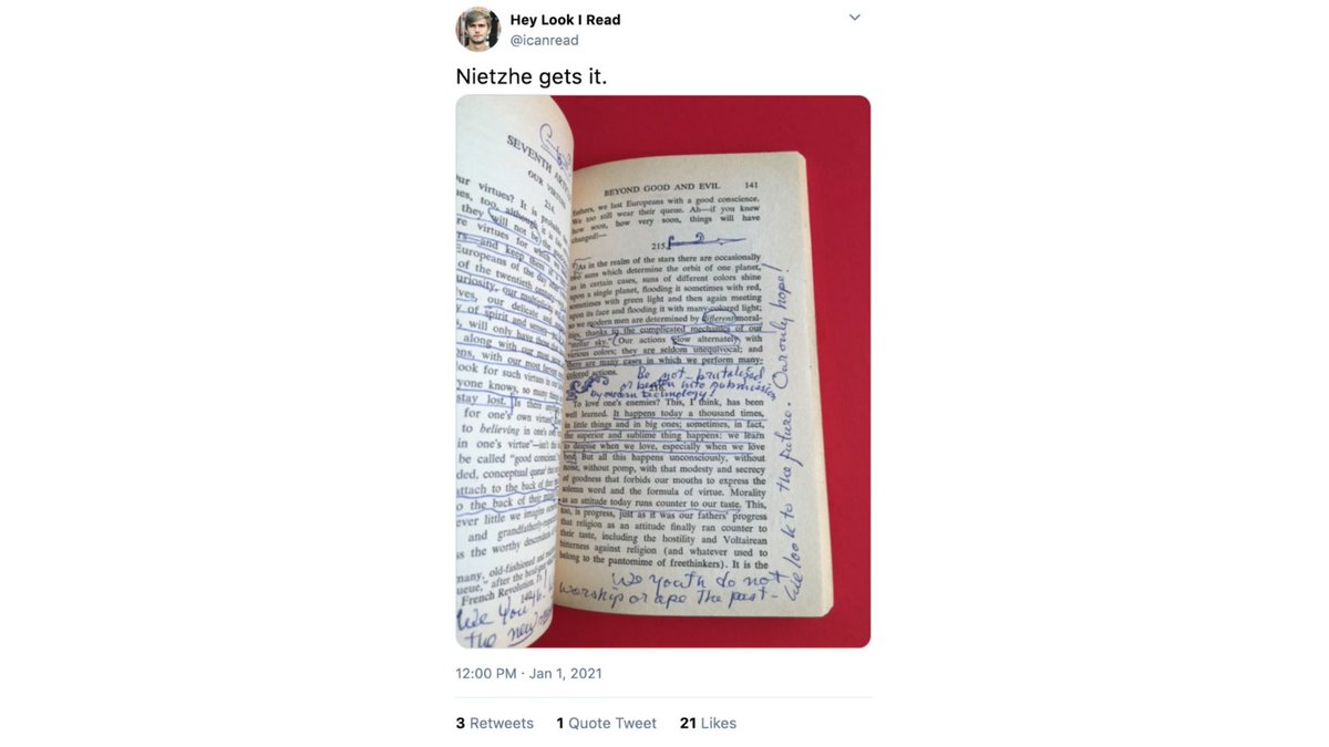 5/ Tweeting a photo of a physical book page.It is inspiring that you can read, but very few people want to pinch-zoom into a pixelated photo to decipher a dim, underlined passage buried underneath Cheeto stains and a huge block of text.Post a Goodreads screenshot. Please.