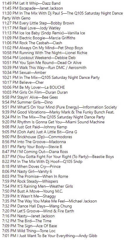 GenosMixTape's tweet image. What were your THREE favorite songs from the show last night? Your answers help us keep the show hot n' sexy!

Let us know here or on our Facebook: bit.ly/Q105sndp 

#tampa #stpete #stevieb #beegees #duranduran #markymark #toneloc #beastieboys #prince #markymark #Q105SNDP