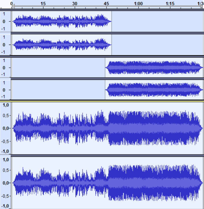 Une fois choisis, les isoler, niveler, faire un fade in et un fade out et les aligner intelligemment. De temps en temps, je fais des transitions vraiment ciblées en reprenant une phrase en cours (classe) ou en enchainant les structures. Encore une fois, c'est du cas par cas.