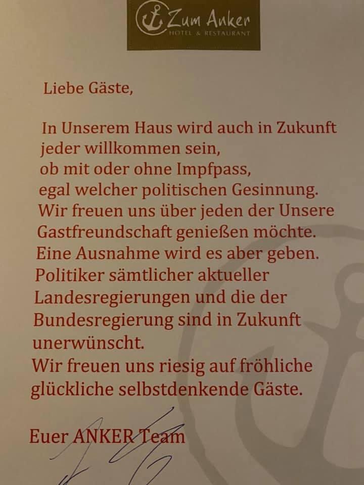 Wenn deine Gaststätte den „lockdown“ bis jetzt überlebt hat, du sie aber unbedingt danach Ficken willst!!!🙄

Zusammenfassung:
Liebe Gäste,
Blablabla 
Only Schwurbler Willkommen
Euer Anker Team