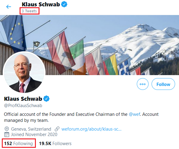 Annual WEF commences tomorrow w/  #DavosAgenda. Key theme: rebuilding  #trust - in order to obtain new social  #contract - required for global  #greatreset that will secure/serve ruling class & corporate power expansion. Accounts to follow, followed by Klaus Schwab account: