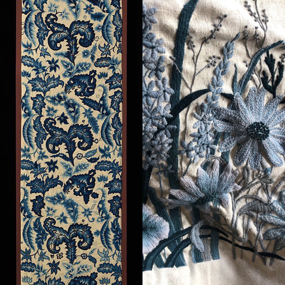 #Crewelembroidery is seeing me through weekends this lockdown. The #wool & texture it creates are comforting, making me think of linen crewel bed drapes that shut the world out in times past. #18thc eg on the left @metmuseum. On the right my effort in similar shades of blue/green