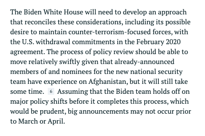 Contradictory signals suggest one thing above all: Biden team has still not likely settled on the final direction of its Afghanistan policy. Announcing a review suggests some time before major decisions are made (as  @CrisisGroup recently predicted). /3 https://www.crisisgroup.org/asia/south-asia/afghanistan/b165-what-future-afghan-peace-talks-under-biden-administration
