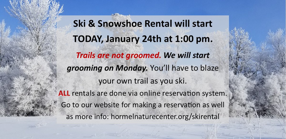The time to ski is upon us! Check our website for all the details and how you can reserve a time to rent skis and enjoy our trails 
Hormelnaturecenter.org/skirental