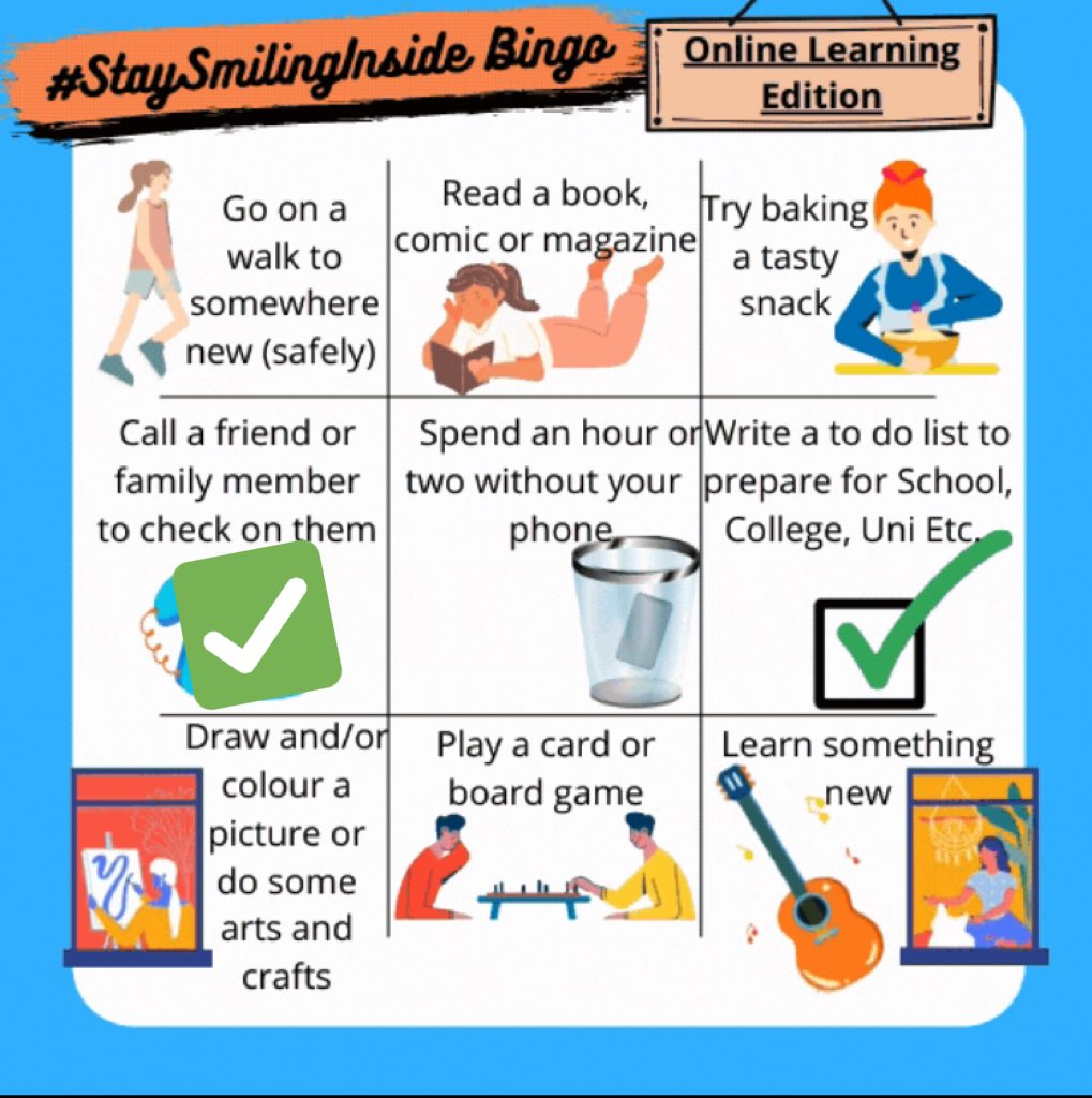 EmilyLHarle's tweet photo. I’ve started ticking things off my #StaySmilingInside bingo already! ☺️ had a call with my whole family today, was fab to catch up with everyone (even though my Nan took 30 mins to figure out Zoom 😂)

Today I’m going to tag @RevatiC_MSYP to take part! 

@CCTeamSYP @OfficialSYP https://t.co/WyyxnPSH04