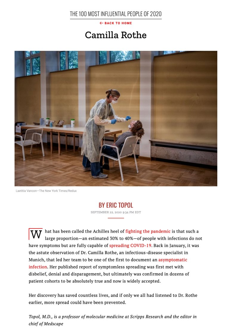 8. When Dr  @camilla_rothe reported an asymptomatic transmission a year ago, the  @NEJM report was refuted and disparaged. She was later named a TIME 100 Person of the Year https://time.com/collection/100-most-influential-people-2020/5888186/camilla-rothe/