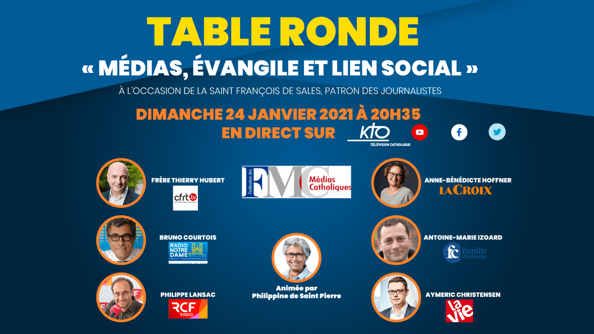 FedeMediasCatho's tweet photo. A l'occasion de la saint François de Sales, table ronde organisée par la FMC, autour du thème « Médias, Evangile et lien social » sur KTO à 20h35, ce soir.
Diffusion simultanée antenne de KTO TV / YouTube live, FB Live, tw Live, sur RCF, RND et FB LIVE JDS https://t.co/6fHOQQVnjS