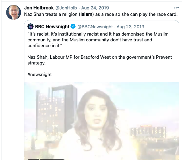 accuses Labour's  @NazShahBfd and Tory  @SayeedaWarsi  of "playing the race card" /10
