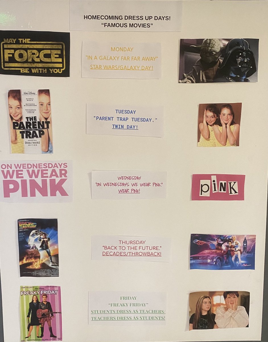 ‼️SHS Students‼️ The dress up days for this week’s homecoming are below⬇️🍿🎥🎞🎬