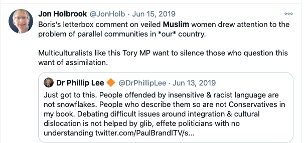 Holbrook's comments about "the stroppy teenager of colour" provoked his chambers  @cornerstonebarr to issue a disclaimer. . .He's been dancing with islamophobia —"veiled Muslim women" and "parallel communities in *our* country"—and calling for "assimilation" for years. 11/