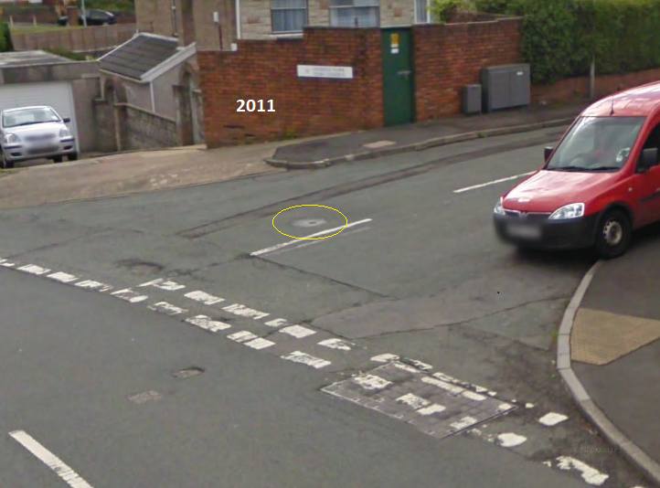 Geoinvestigate's tweet photo. Perhaps rather than by reactive #siteinvestigation by the #CoalAuthority the #mine #shaft in #Skewen itself revealed its own precise location by #collapsing during heavy rainfall & #flooding. Perhaps this 2011 image may show embryonic #sinkhole development on the same spot? https://t.co/D4lUz4QpBB