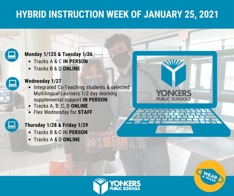 We look forward to welcoming Groups A & C in person and Groups B & D online tomorrow, Monday, January 25, 2021.
The full #HybridInstruction calendar is here: yonkerspublicschools.org/cms/lib/NY0181…