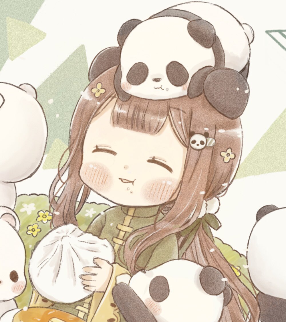 panda 1girl food brown hair hair ornament closed eyes eating  illustration images