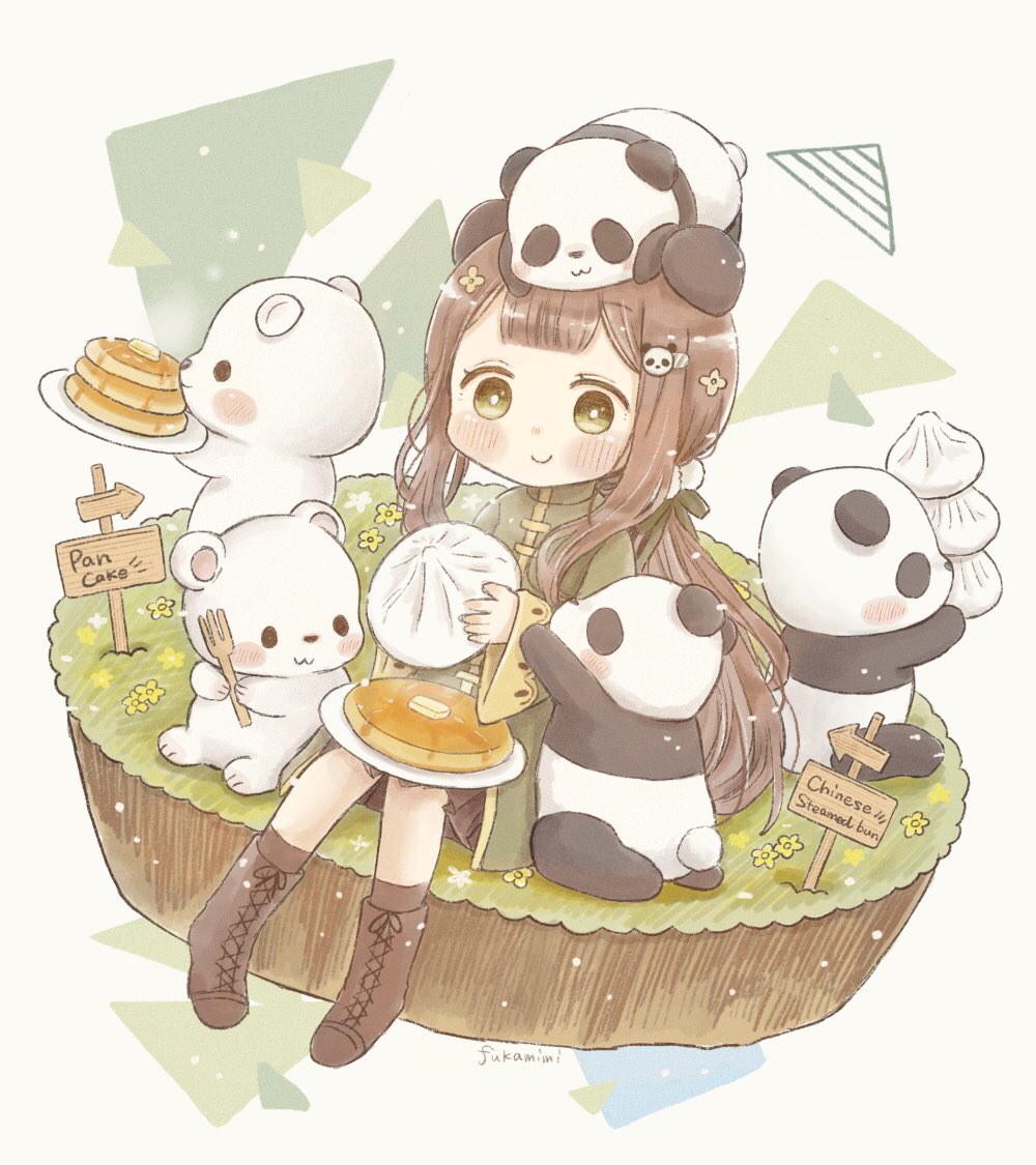 panda 1girl food brown hair hair ornament closed eyes eating  illustration images