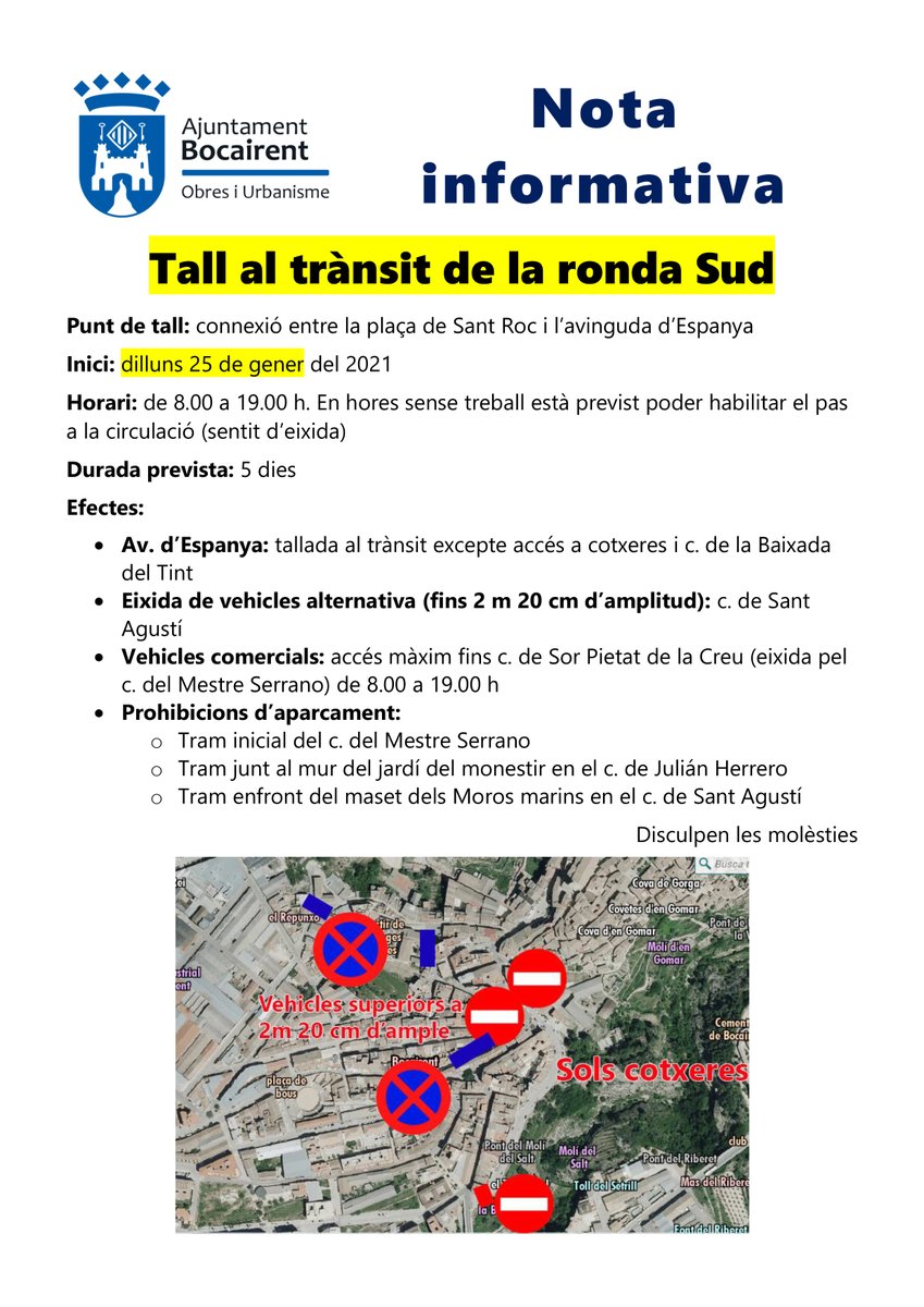 Aj_Bocairent's tweet photo. ⚠️ Des demà fins divendres en horari de 8.00 a 19.00 h, la circulació per la ronda Sud estarà tallada 🚧 per les obres de bastiment de la 2a fase del nou col·lector general, concretament en el punt d'unió entre la plaça de Sant Roc i l'avinguda d'Espanya. Disculpen les molèsties https://t.co/O9vNqwv3Ex