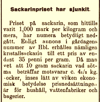 jouko_kokkonen's tweet photo. Sakariinin hinta laskenut merkittävästi. Vaikuttaa oleellisesti kotitalouksien, vesitehtaiden ja leipomoiden talouteen. Wiborgs Nyheter 25.1.1921 #Suomi1921 #makeutusaine #sakariini https://t.co/kSfy4QpjC7