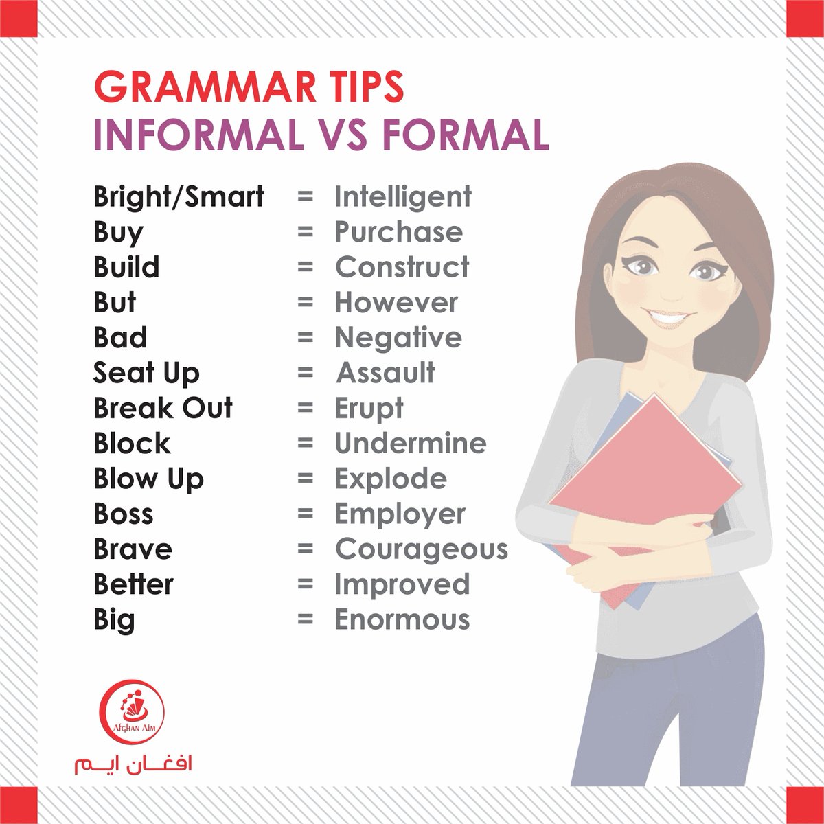 AfghanAim's tweet photo. Informal VS Formal words https://t.co/3zSLywR6H2