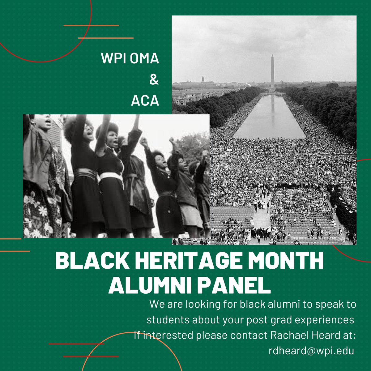 WPI_ACA's tweet image. WPI ACA is partnering with WPI OMA to host an Alumni Panel for students to celebrate Black Heritage Month! It will take place on February 18th at 5:30PM EST. 

If you are interested please email Rachael Heard at rdheard@wpi.edu or reach out to WPI ACA directly!