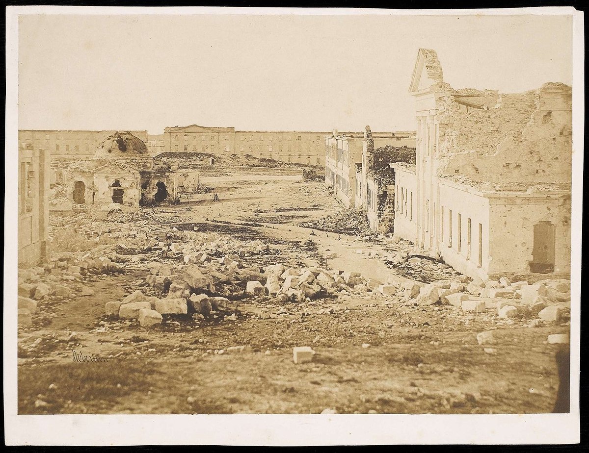 This is supposed to be Sevastopol after the siege of 1854This devastation is supposed to have been done by cannonballs - notice how they magically landed in neat pyramids