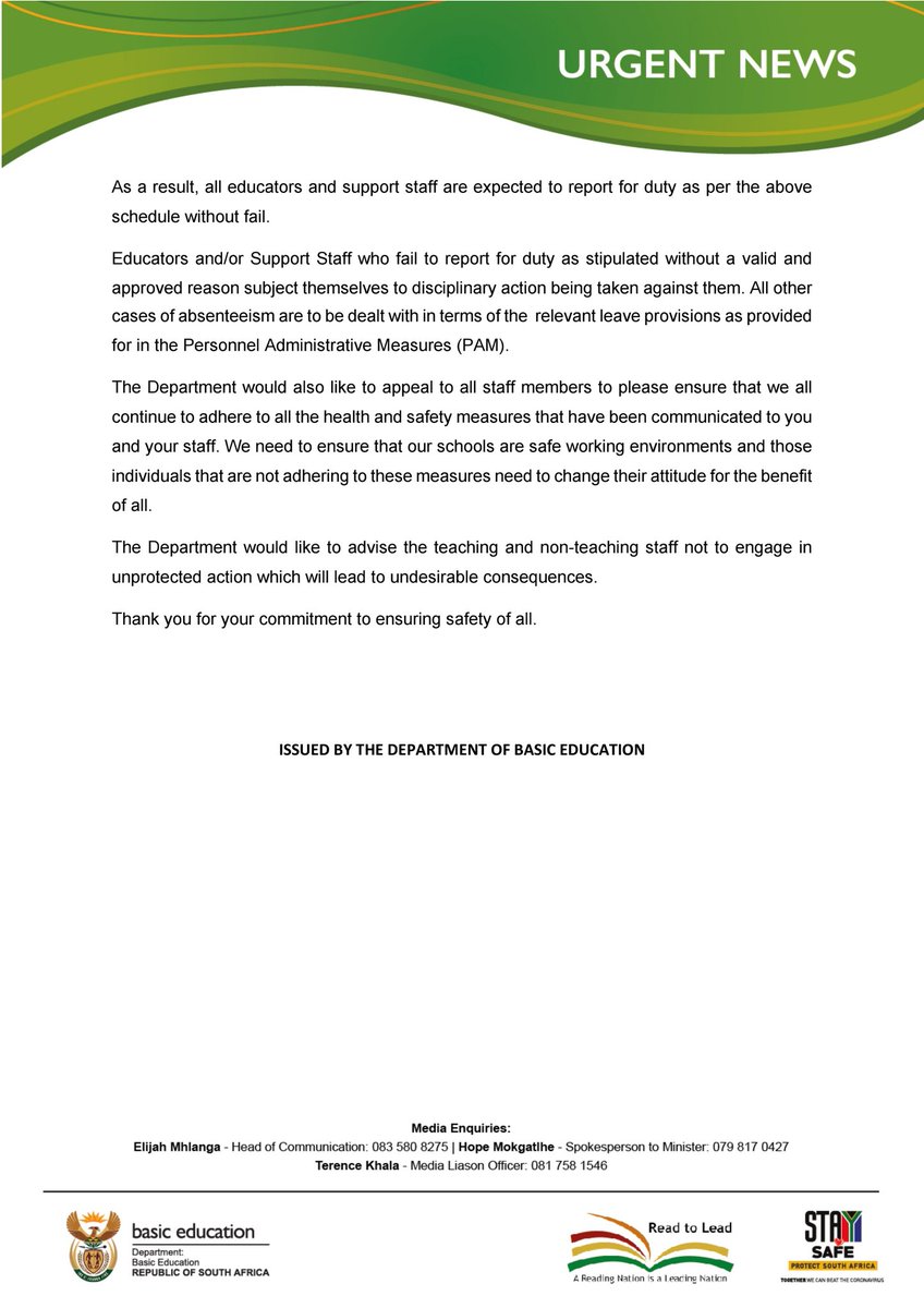 DBE_SA's tweet photo. Basic Education Media Statement:

School management teams and support staff expected back in school on Monday, 25 January https://t.co/VpgsCVV3UM