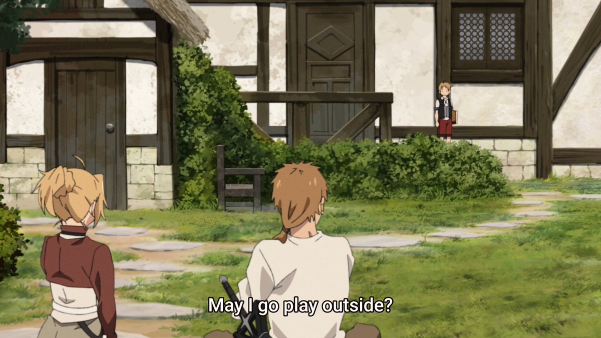 Good interaction to show how Rudeus has grown past his fear of the outside + his parents reaction to this builds up on their expressions during episode 2 and how different Rudeus is acting now.