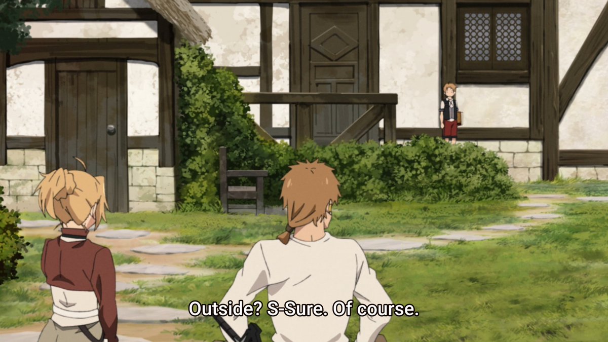 Good interaction to show how Rudeus has grown past his fear of the outside + his parents reaction to this builds up on their expressions during episode 2 and how different Rudeus is acting now.