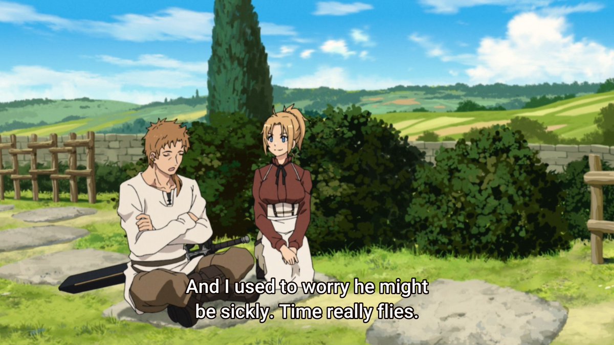 Good interaction to show how Rudeus has grown past his fear of the outside + his parents reaction to this builds up on their expressions during episode 2 and how different Rudeus is acting now.