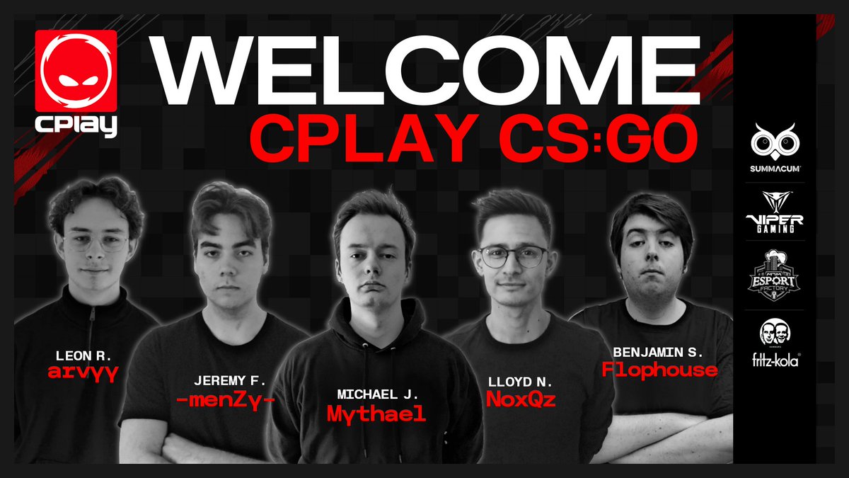 Endlich dürft ihr auch unser neues #CSGO Team kennenlernen 🔥🔥🔥🔥
Diese Legenden werden ab sofort für uns ein paar headshots drücken &amp; die Maps unsicher machen:
@arvyycs <a href="/menZycs/">-menZy-</a> <a href="/Mythaelcs/">mYTHAEL</a> <a href="/_NoxQz/">NoxQz</a> <a href="/Flophouse1337/">Flophouse</a> 

Herzlich willkommen❤️

#THESQUAD