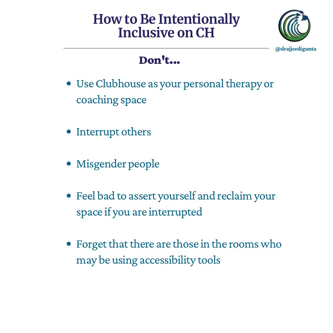 DrAJPsych's tweet image. How to practice #intentionalinclusion on #ClubHouseApp and in life. @joinClubhouse
