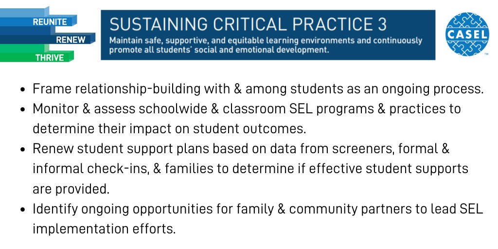 With the ongoing uncertainty of this school year, #SEL practices can provide ongoing support for districts, schools, &amp; the students &amp; families they serve. Check out the #SELRoadmap for sustaining practices such as this one: casel.org/reopening-with…
