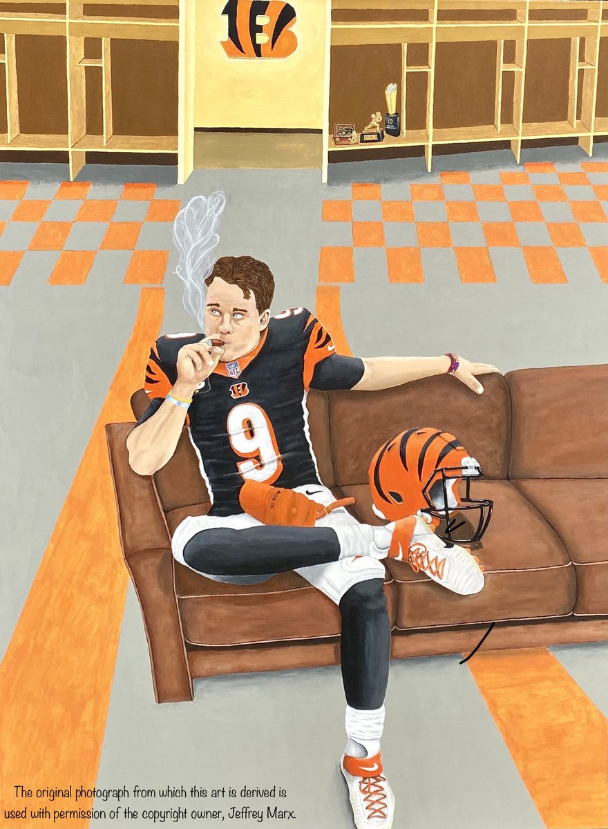 KBArtCincy's tweet image. Introducing:🔥🔥’Smokin Joe’🔥 🔥 My 3x4ft acrylic Burrow piece. Hope you all love this as much as I did making it. #WhoDey 🐅 nation, help me get this one out nationwide and maybe even to @JoeyB himself.