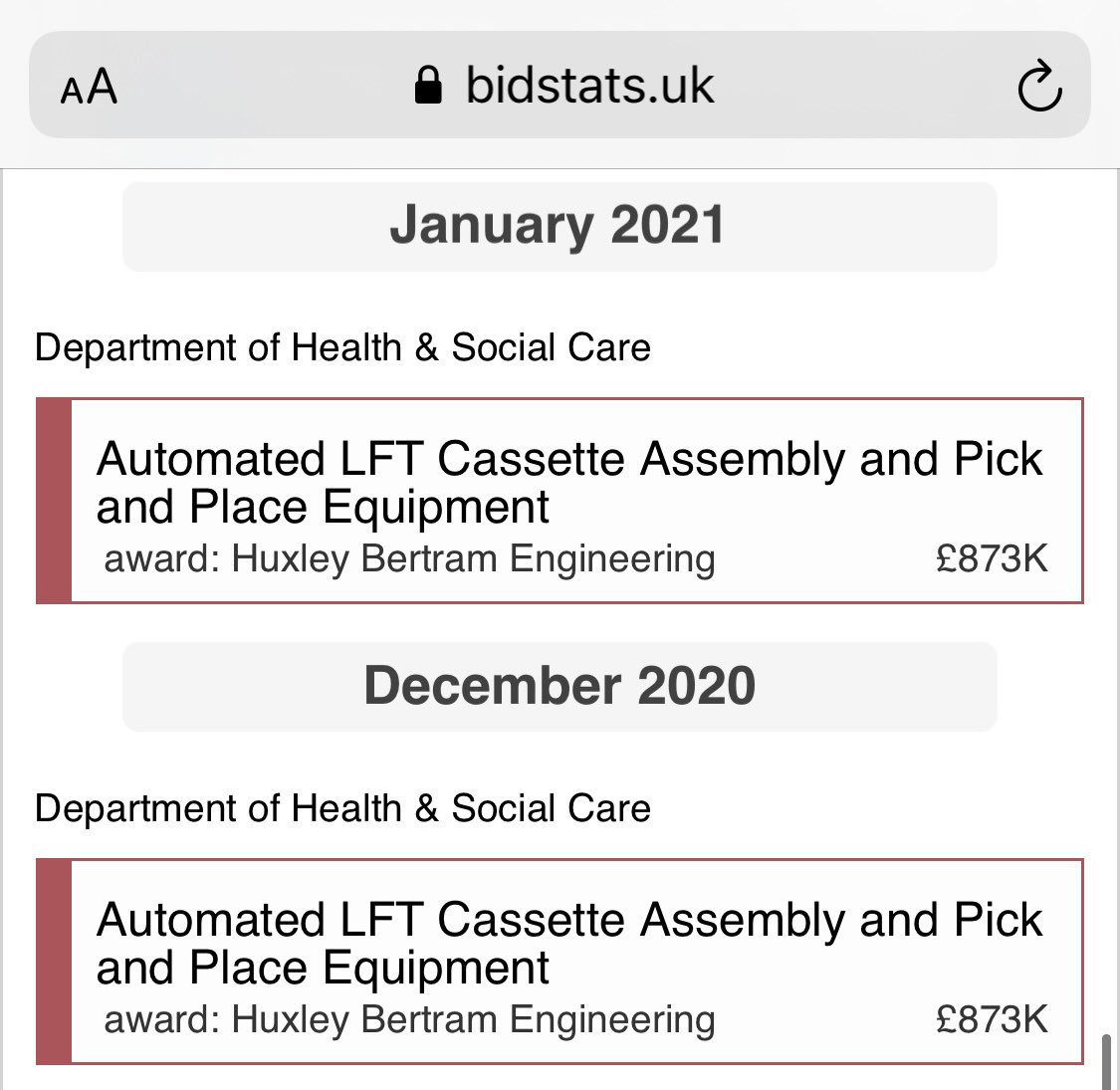  #ODX 1/8Yes, it’s more research The Gov have ordered Automated LFT Cassette Assembly Equipment from Huxley Bertram Engineering based in Cambridge. It’s worth noting that Omega also have a base in Cambridgeshire and Mologic in Bedford (45 mins away). https://bidstats.uk/tenders/?q=huxley+bertram+engineering#743636991-741474353-67