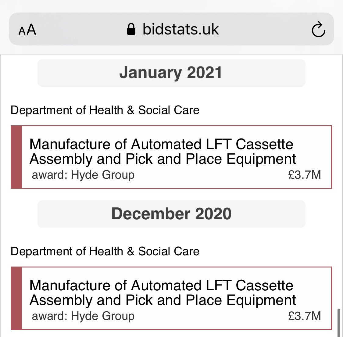  #ODX 3/8The Gov have also been ordering the same Huxley Bertram LFT equipment from Hyde Group (a group of engineering companies) for delivery in March & April. It’s now clear why the Gov are looking at 2m LFTs per day by Apr. https://bidstats.uk/tenders/?q=hyde+group&scope=supplier https://atamis-1928.cloudforce.com/sfc/dist/version/download/?oid=00D0O000000rwim&ids=0684J00000BsaopQAB&d=/a/4J000000kEzP/ScC8QpJbSsdSUIWvMWVA8X7MCv233jTlFVEqyFLsx4M&operationContext=DELIVERY&viewId=05H4J000000l4PdUAI&dpt=