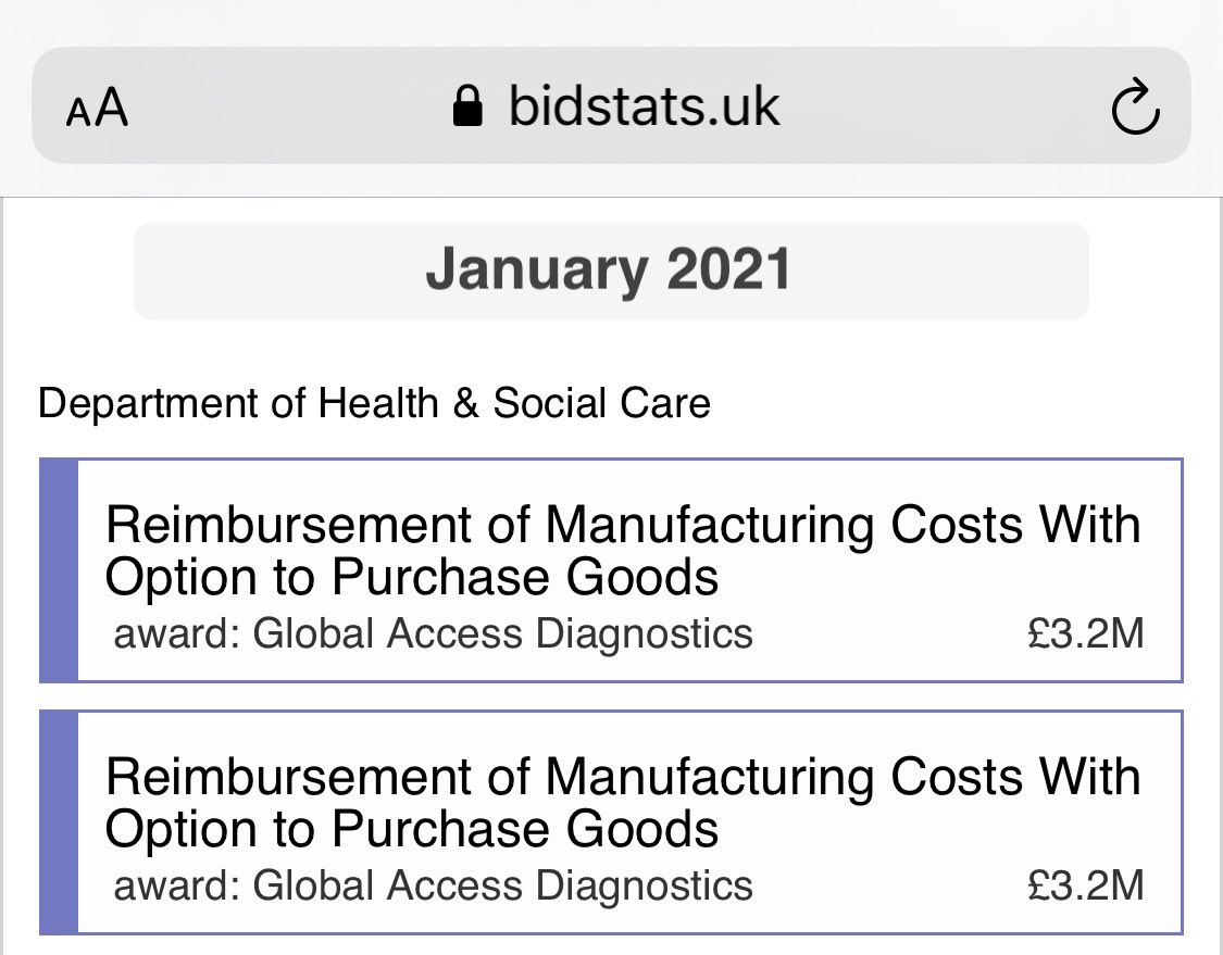  #ODX 6/8As outlined previously, GAD (Global Access Diagnostics) is Mologic’s new manufacturing facility and they have already been identified by the Gov as a key player for LFDs based on cost, performance and security of supply. https://twitter.com/shredz90/status/1347296833756913666?s=21 https://bidstats.uk/tenders/?q=global+access+diagnostics&scope=supplier