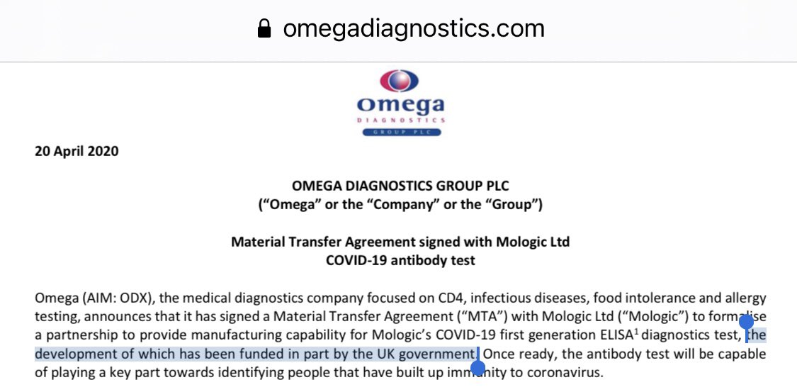  #ODX 8/8We already know that the Gov have ties with Mologic following a development grant & Boris being snapped. As per this thread, the Gov are now buying LFT kit for Mologic!Based on the MTA, if  @mologic make it, then so do  @OmegaDiagnostic  https://mologic.co.uk/mologic-awarded-c-1-million-by-uk-government-to-develop-rapid-diagnostic-test-for-covid-19/