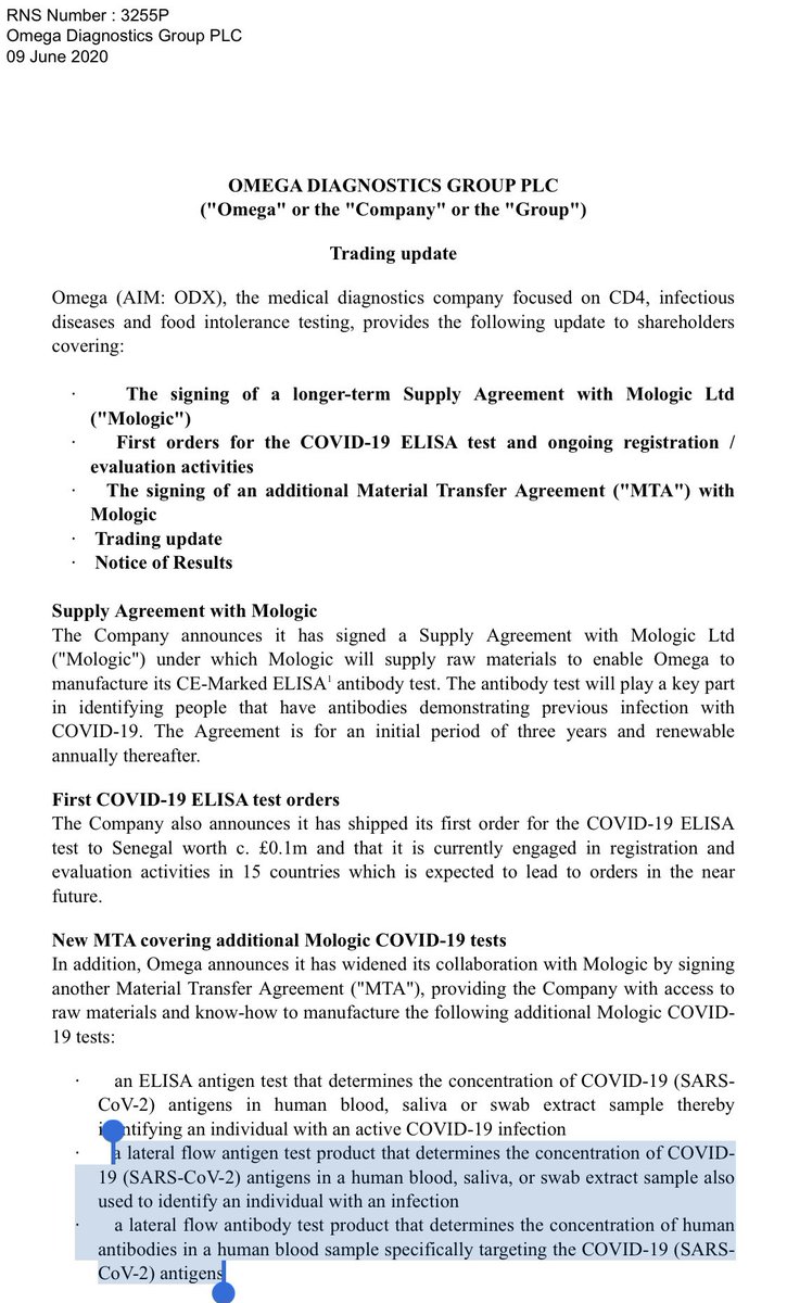  #ODX 8/8We already know that the Gov have ties with Mologic following a development grant & Boris being snapped. As per this thread, the Gov are now buying LFT kit for Mologic!Based on the MTA, if  @mologic make it, then so do  @OmegaDiagnostic  https://mologic.co.uk/mologic-awarded-c-1-million-by-uk-government-to-develop-rapid-diagnostic-test-for-covid-19/