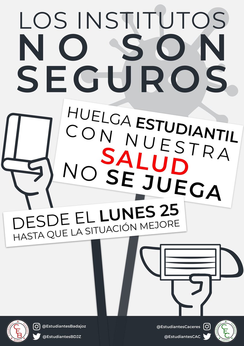 OtraExtremadura's tweet photo. En #Extremadura la situación es crítica tras llevar semanas batiendo récords de contagios. La @Junta_Ex pretende que mañana se retomen las clases presenciales, pero el estudiantado extremeño ha decidido ir a la huelga.
Adelante la #HuelgaEstudiantEX! https://t.co/bIVt059Q9T