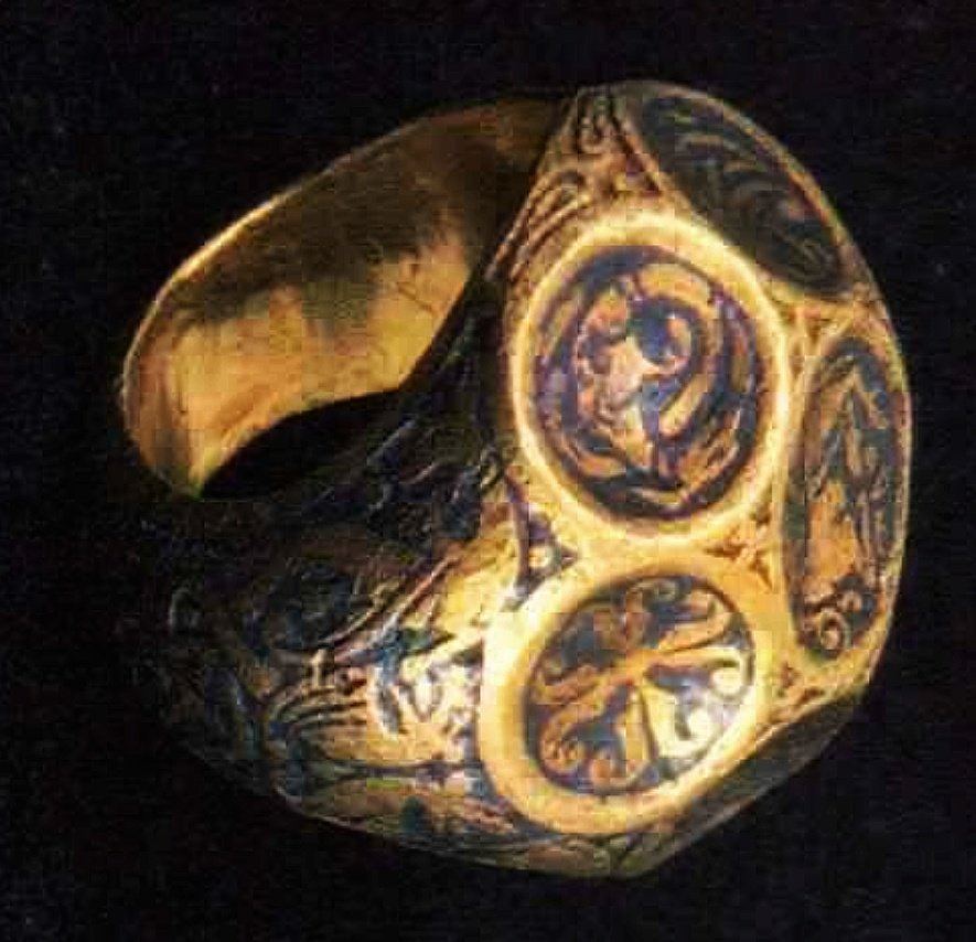 A massive 9th-century Anglo-Saxon finger ring made of gold inlaid with niello and found in the River Reno near Bologna, Italy; the whole surface, including the 7 roundels, is decorated with Trewhiddle-style plant and animal ornament:  https://academia.edu/36962251/MA_Dissertation_A_Typological_Assessment_of_Late_Anglo-Saxon_and_Viking-Age_Finger-Rings_from_Britain_Dating_from_AD_600-1100