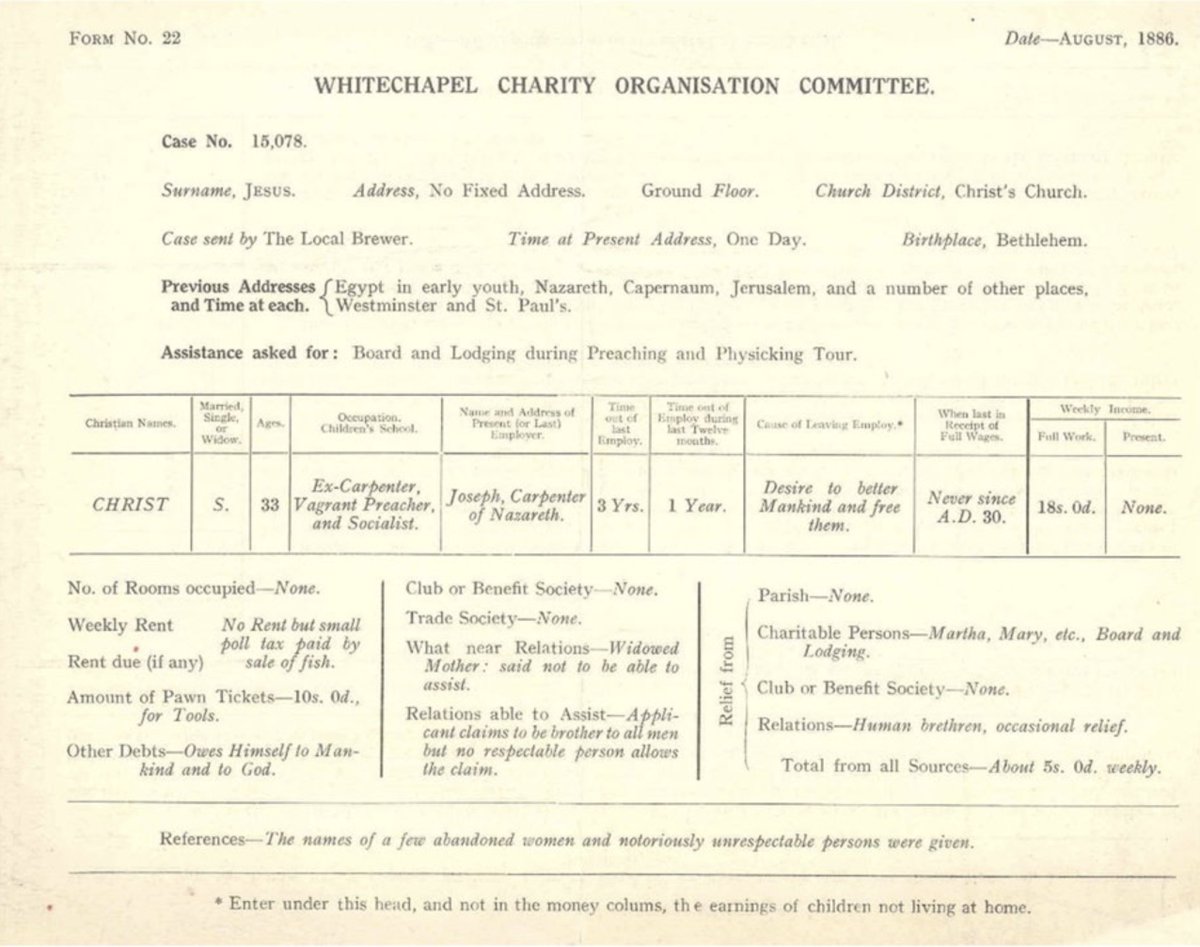 In the 19th C charities often focused support on the "deserving poor" – defined as hard-working and frugal. To illustrate how hard it was to pass the tests required, an East End curate completed a form in the name of Jesus. He failed to get any help at all. 1/3