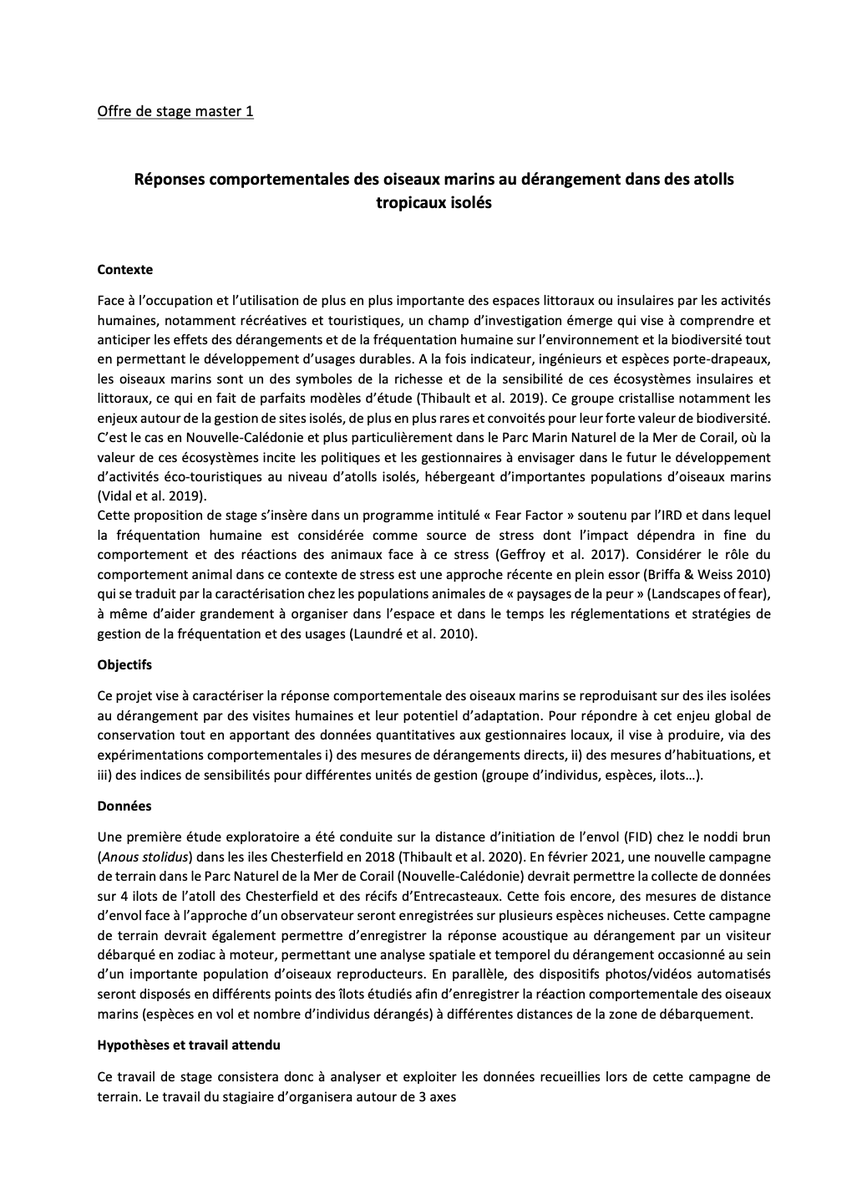 Vidal_Eric_isld's tweet photo. !! Offre de stage Master 1 !! 2 à 3 mois.
Réponses comportementales des oiseaux marins au dérangement dans des atolls tropicaux isolés
Lieu probable de stage : Brest
Envoyer CV et LM à eric.vidal@ird.fr avant 12 février. https://t.co/B3GHvdC5V0